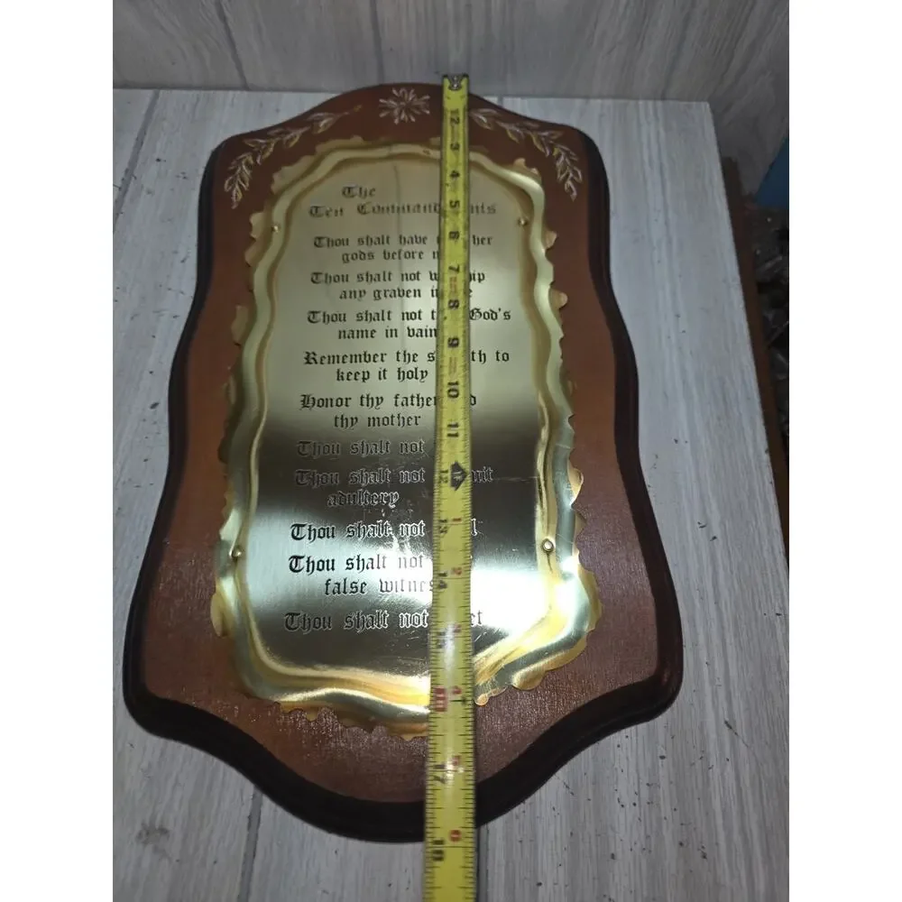 Vintage The Ten Commandments Brass Wood Christian Wall Plaque 18